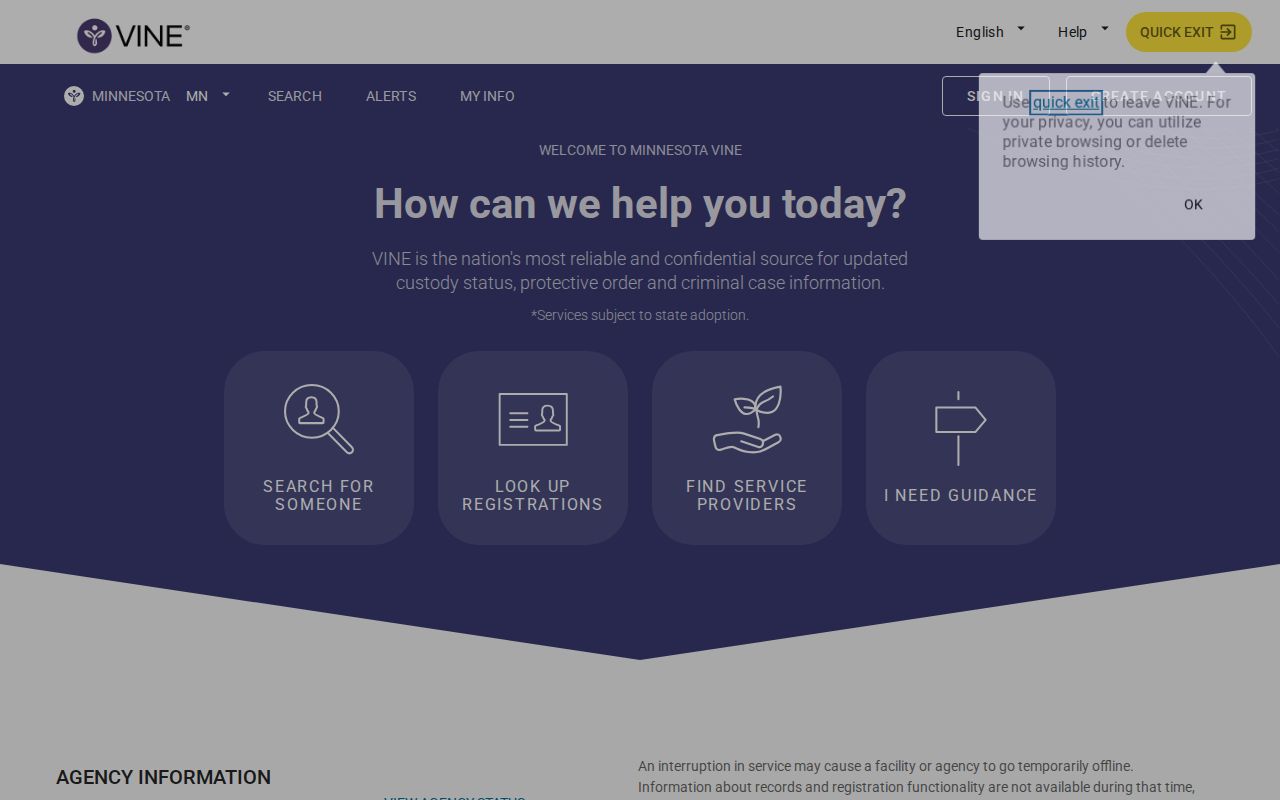 Minnesota VINELink screen for a Polk County inmate custody and release check