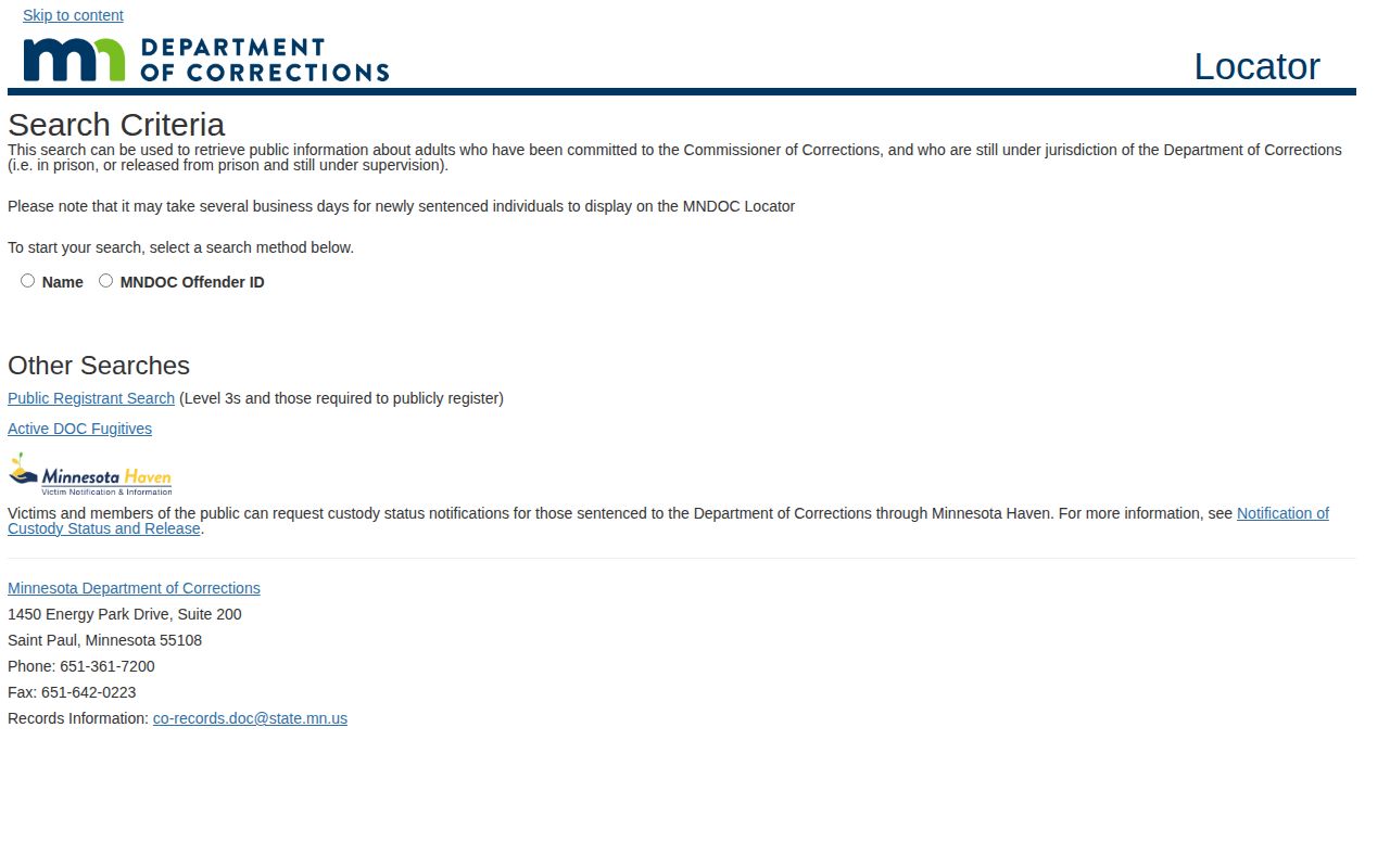 MNDOC search screen for Polk County released inmate and supervision records